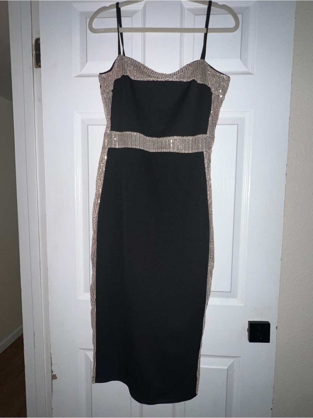 Black Dress with Gold Sequin Trim - Elegant Spaghetti Strap Sheath